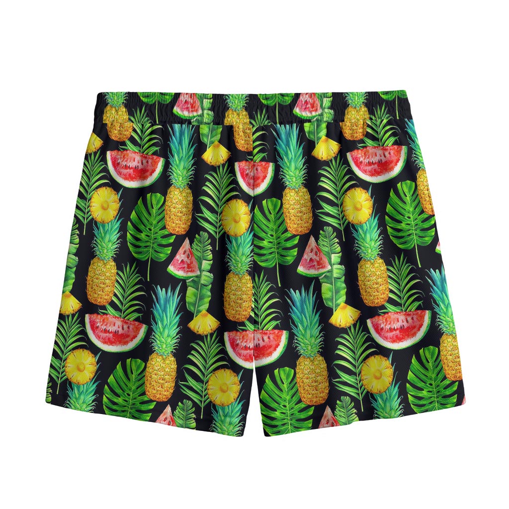Black Tropical Pineapple Pattern Print Mesh Shorts