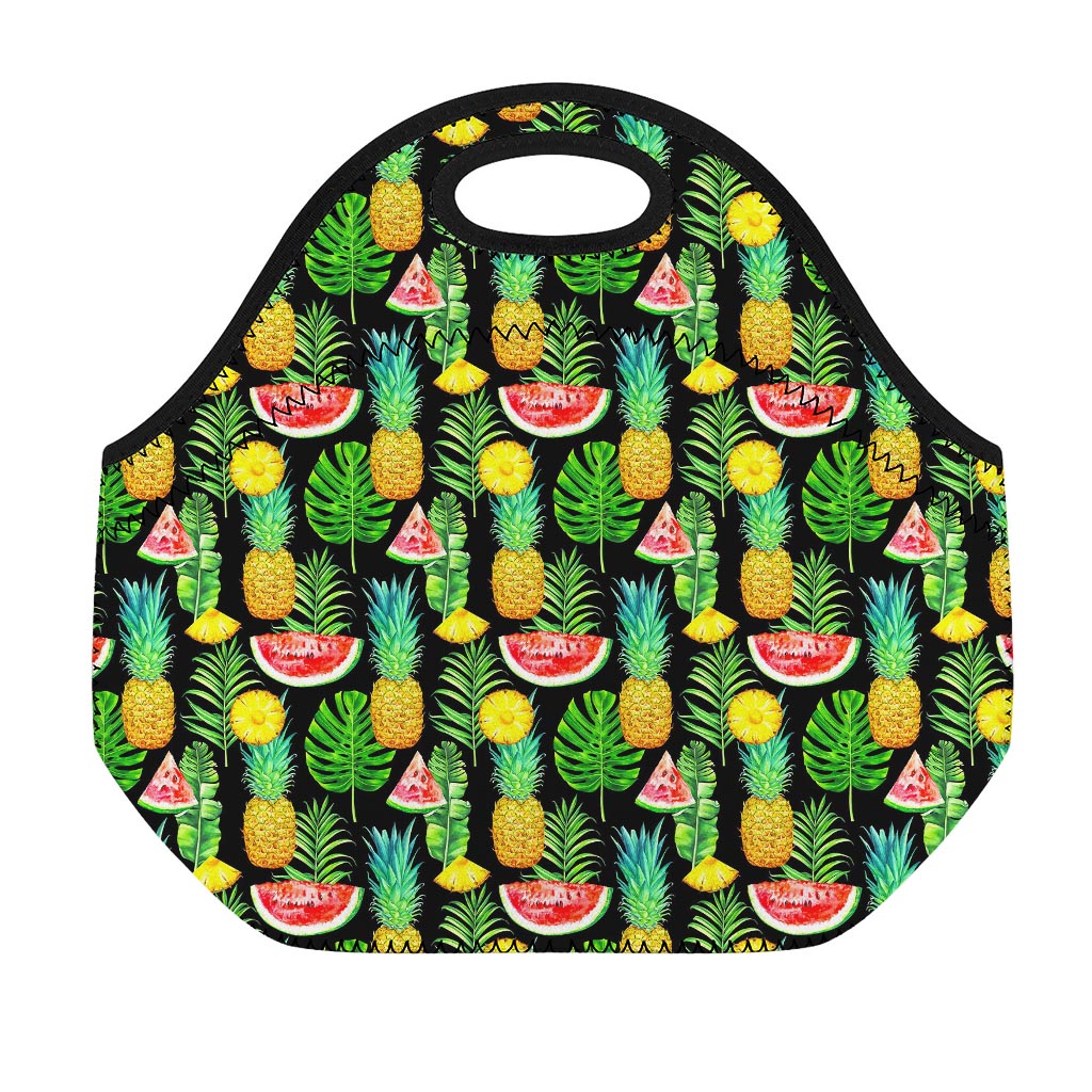 Black Tropical Pineapple Pattern Print Neoprene Lunch Bag