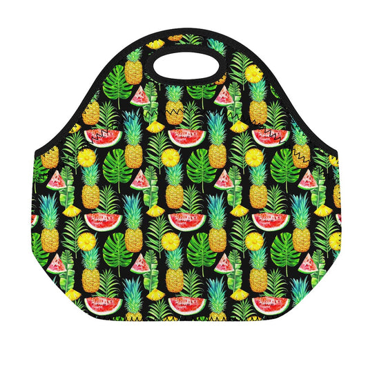 Black Tropical Pineapple Pattern Print Neoprene Lunch Bag