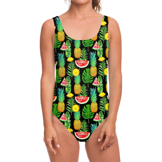 Black Tropical Pineapple Pattern Print One Piece Swimsuit