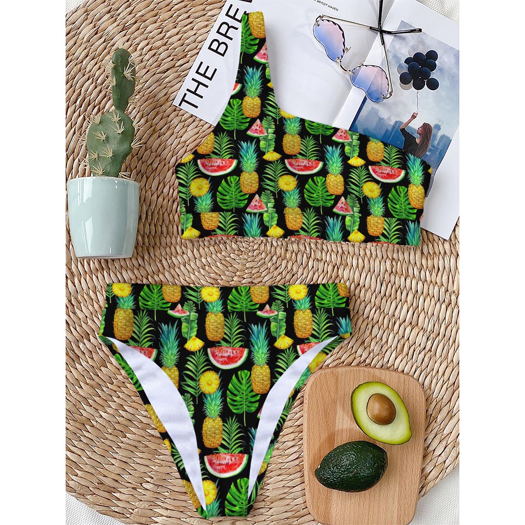 Black Tropical Pineapple Pattern Print One Shoulder Bikini Top