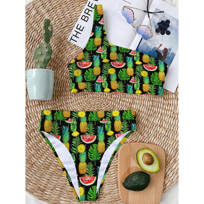 Black Tropical Pineapple Pattern Print One Shoulder Bikini Top