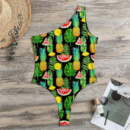 Black Tropical Pineapple Pattern Print One Shoulder Bodysuit