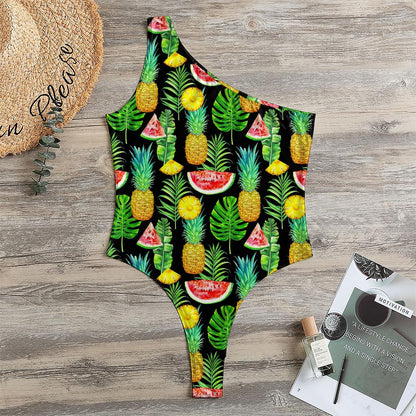 Black Tropical Pineapple Pattern Print One Shoulder Bodysuit