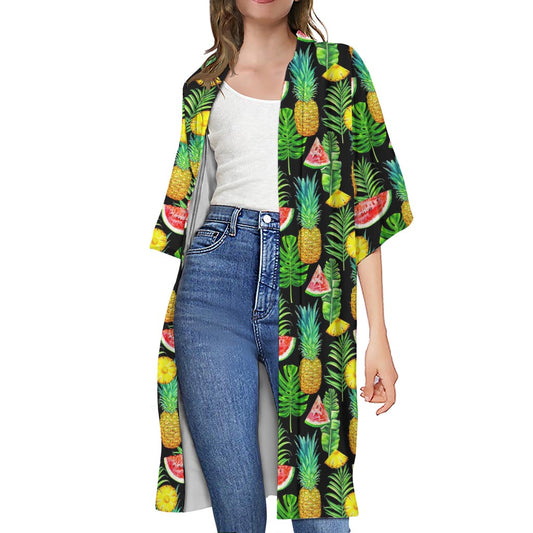 Black Tropical Pineapple Pattern Print Open Front Beach Cover Up