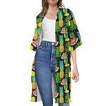 Black Tropical Pineapple Pattern Print Open Front Beach Cover Up