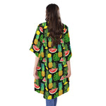 Black Tropical Pineapple Pattern Print Open Front Beach Cover Up