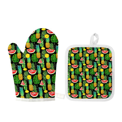 Black Tropical Pineapple Pattern Print Oven Mitt And Pot Holder Set