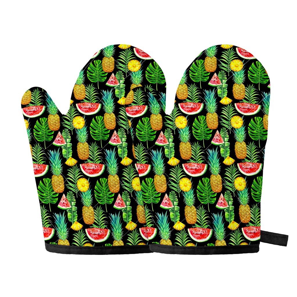 Black Tropical Pineapple Pattern Print Oven Mitts