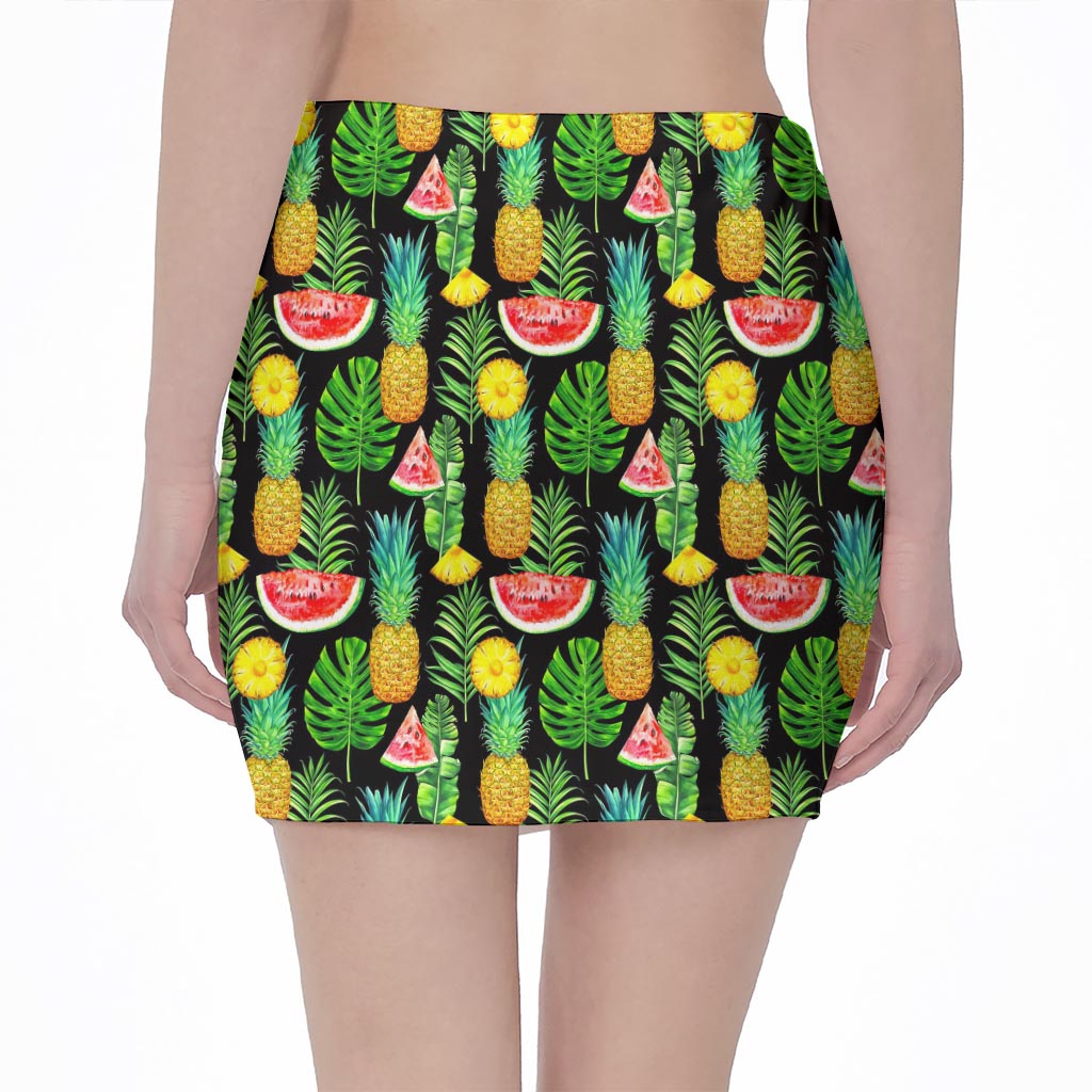 Black Tropical Pineapple Pattern Print Pencil Mini Skirt
