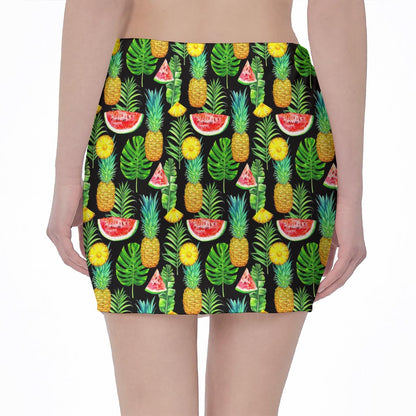 Black Tropical Pineapple Pattern Print Pencil Mini Skirt