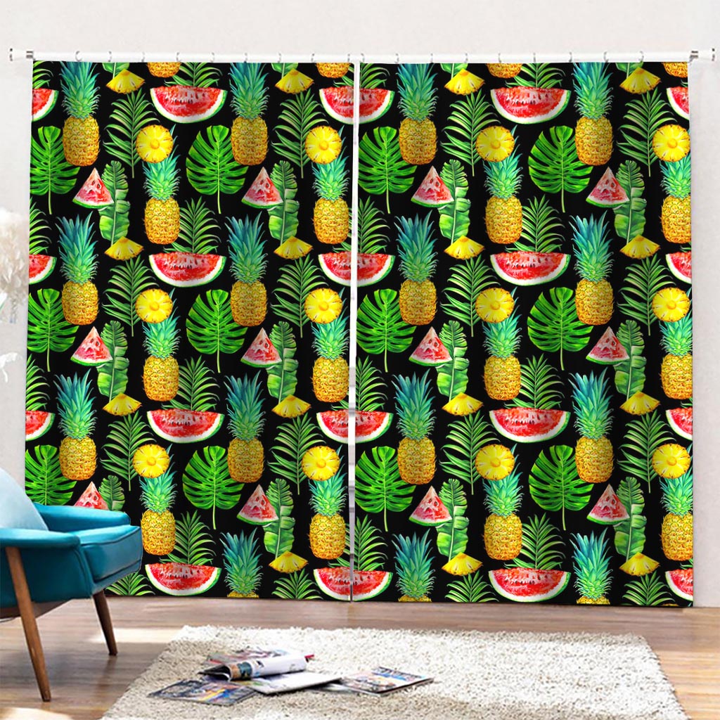 Black Tropical Pineapple Pattern Print Pencil Pleat Curtains