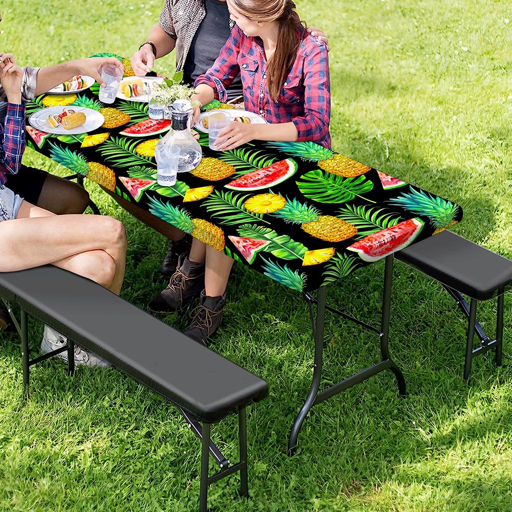 Black Tropical Pineapple Pattern Print Picnic Table Cover