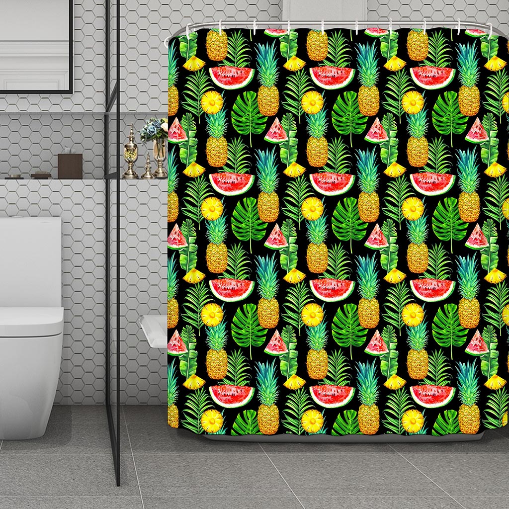 Black Tropical Pineapple Pattern Print Polyester Shower Curtain