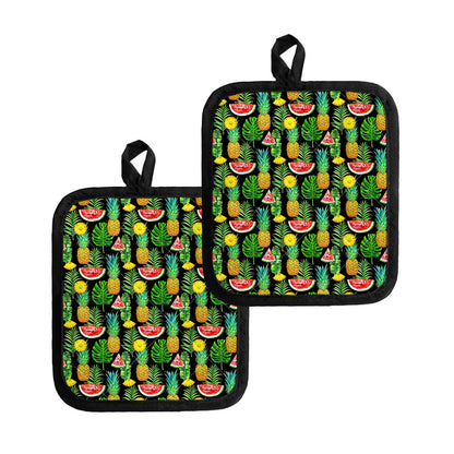 Black Tropical Pineapple Pattern Print Pot Holders