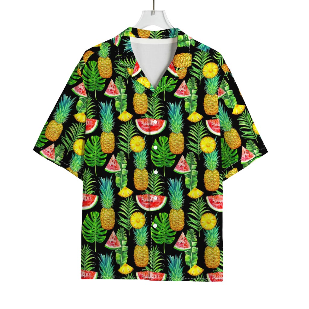 Black Tropical Pineapple Pattern Print Rayon Hawaiian Shirt