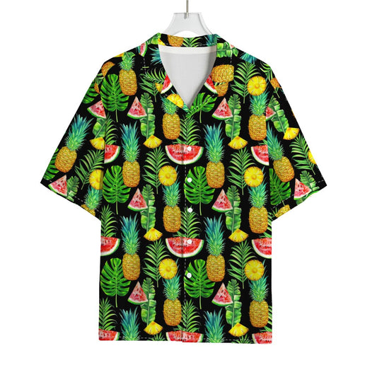 Black Tropical Pineapple Pattern Print Rayon Hawaiian Shirt