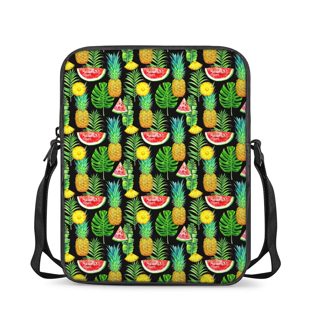 Black Tropical Pineapple Pattern Print Rectangular Crossbody Bag