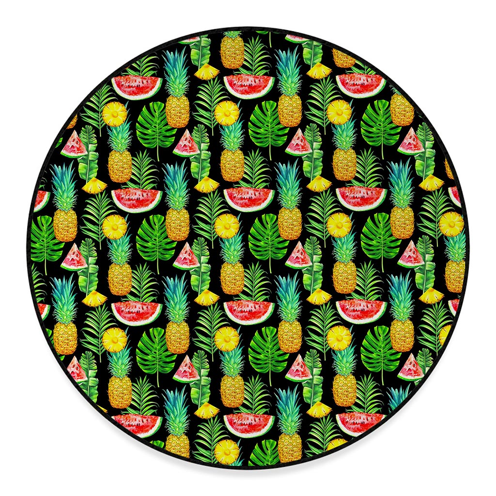 Black Tropical Pineapple Pattern Print Round Floor Mat