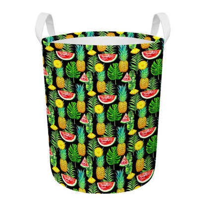 Black Tropical Pineapple Pattern Print Round Laundry Basket