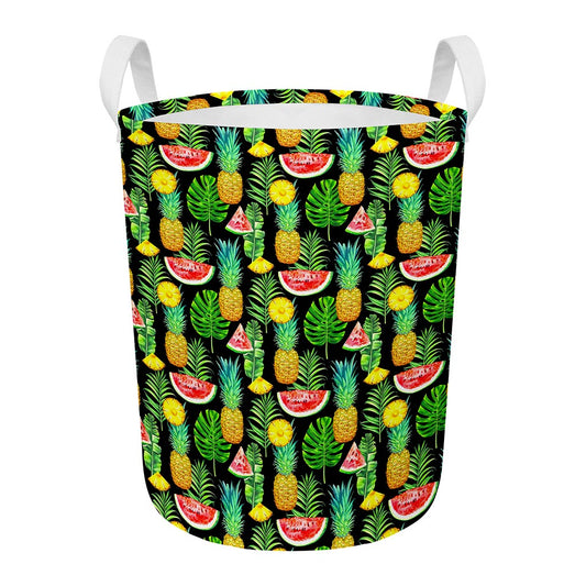 Black Tropical Pineapple Pattern Print Round Laundry Basket