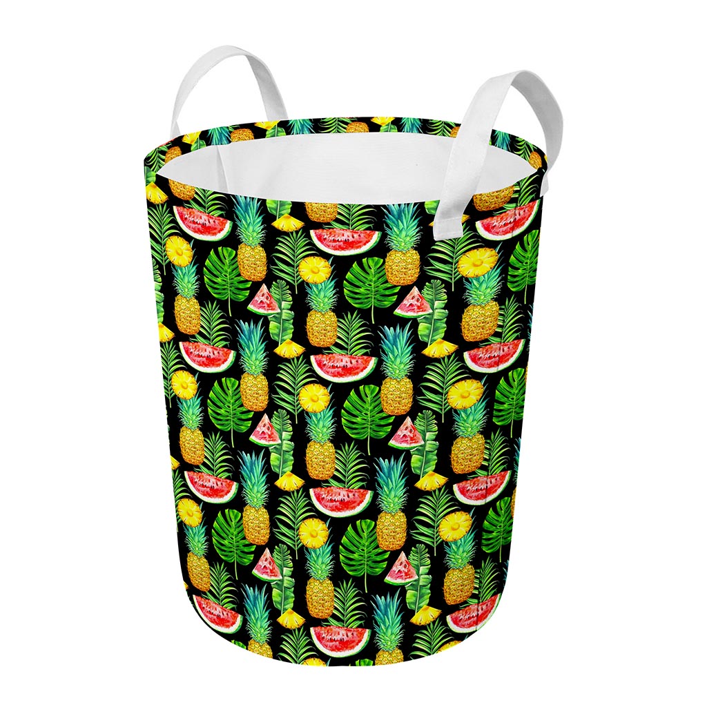 Black Tropical Pineapple Pattern Print Round Laundry Basket