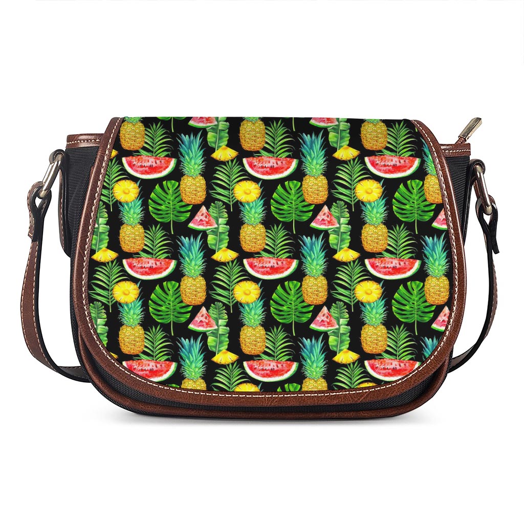 Black Tropical Pineapple Pattern Print Saddle Bag