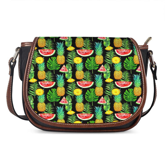 Black Tropical Pineapple Pattern Print Saddle Bag