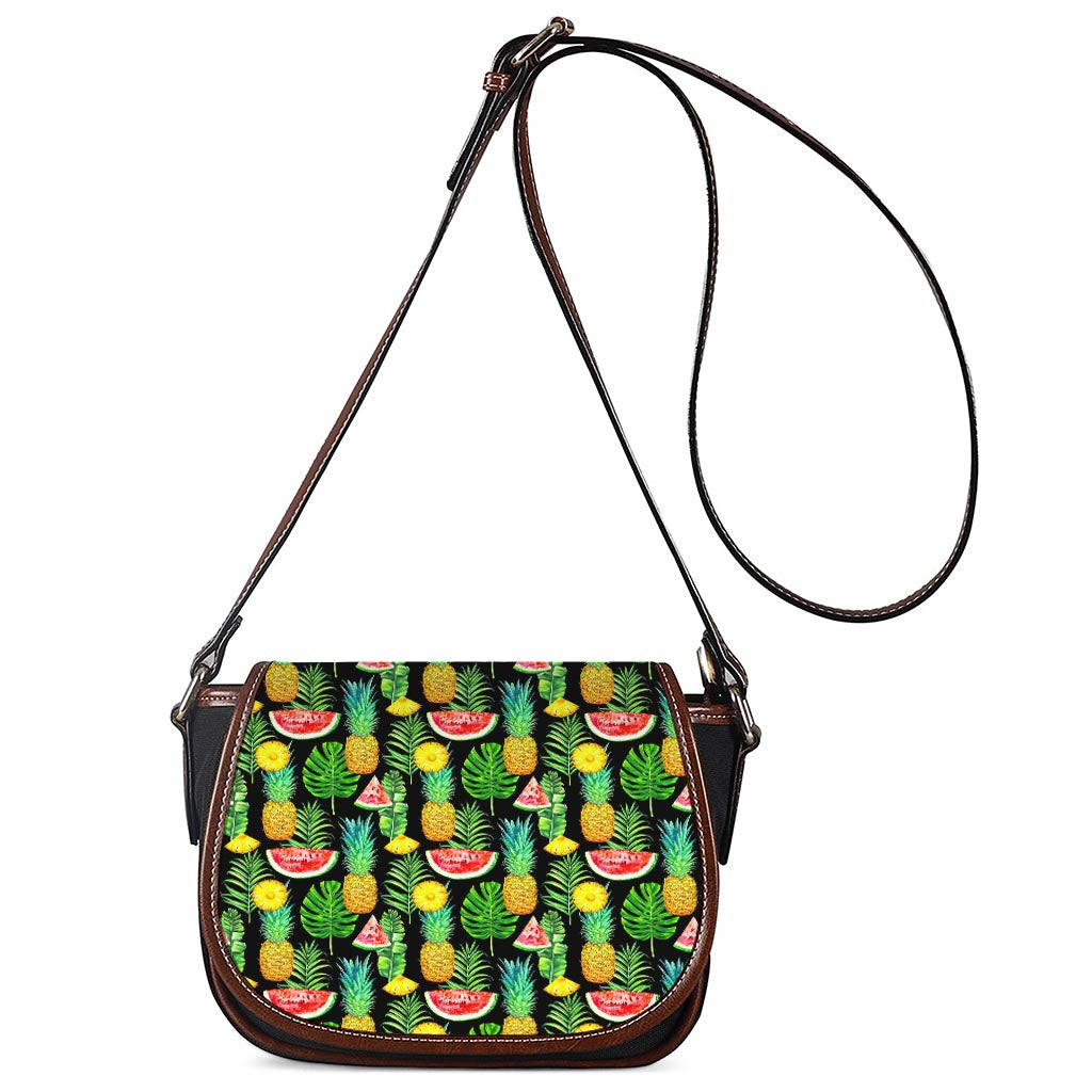 Black Tropical Pineapple Pattern Print Saddle Bag