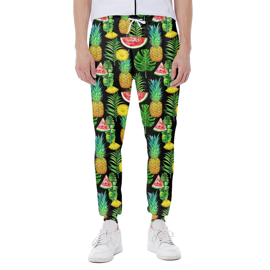 Black Tropical Pineapple Pattern Print Scuba Joggers