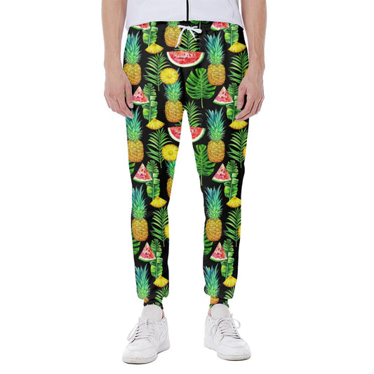 Black Tropical Pineapple Pattern Print Scuba Joggers