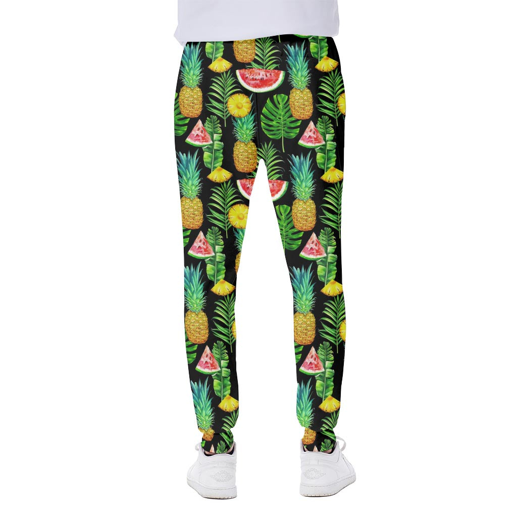 Black Tropical Pineapple Pattern Print Scuba Joggers