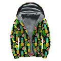 Black Tropical Pineapple Pattern Print Sherpa Lined Zip Up Hoodie