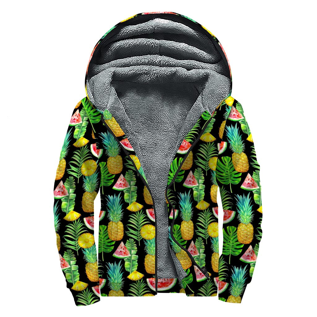 Black Tropical Pineapple Pattern Print Sherpa Lined Zip Up Hoodie