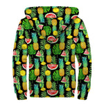 Black Tropical Pineapple Pattern Print Sherpa Lined Zip Up Hoodie