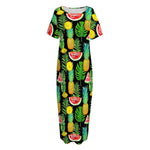 Black Tropical Pineapple Pattern Print Short Sleeve Long Nightdress