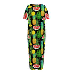 Black Tropical Pineapple Pattern Print Short Sleeve Long Nightdress