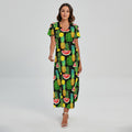 Black Tropical Pineapple Pattern Print Short Sleeve Maxi Dress