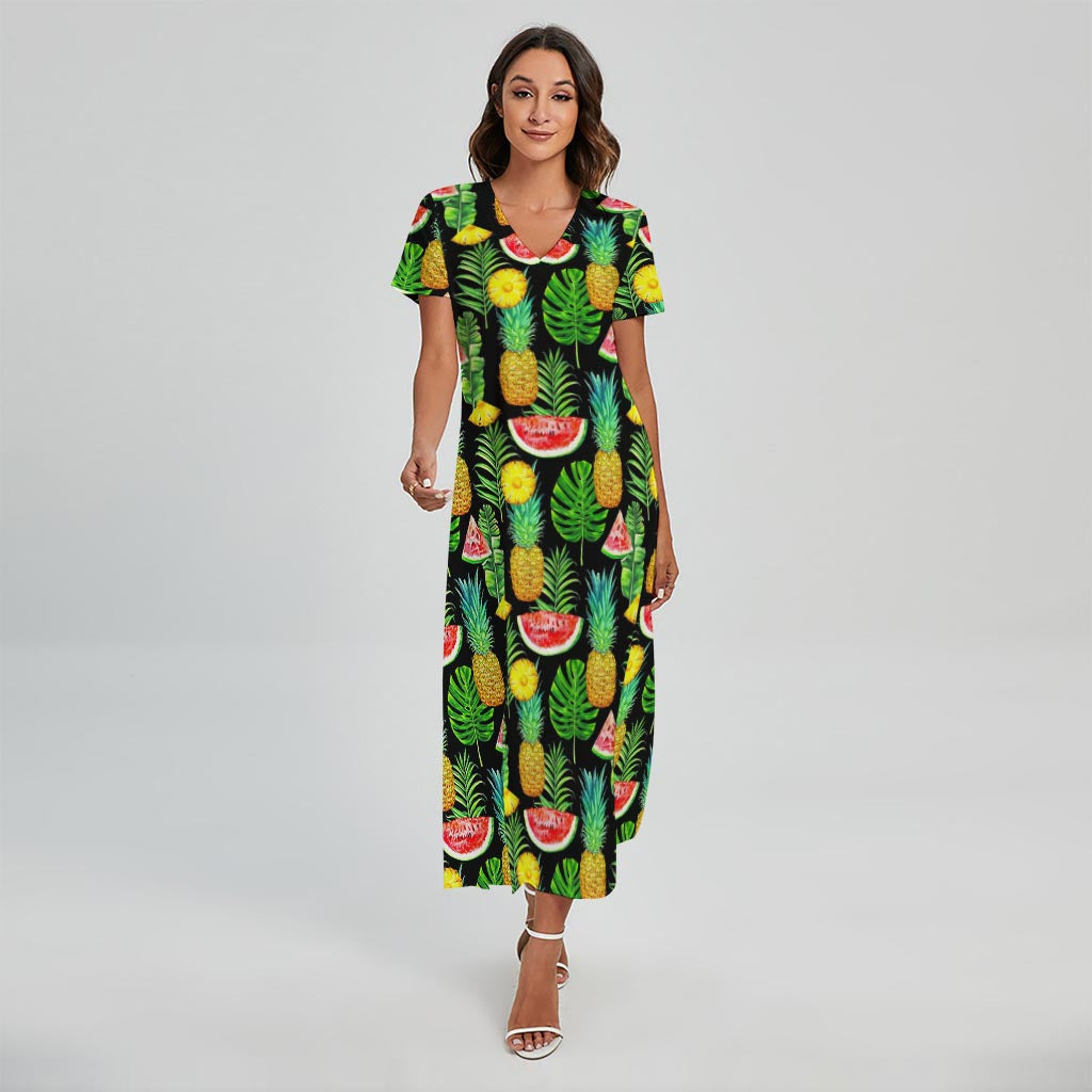 Black Tropical Pineapple Pattern Print Short Sleeve Maxi Dress