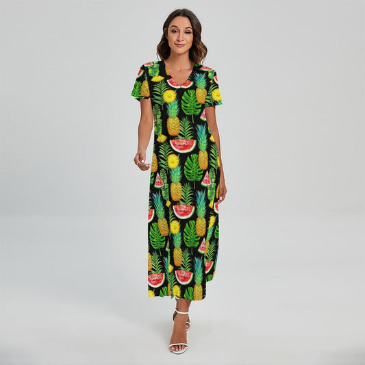 Black Tropical Pineapple Pattern Print Short Sleeve Maxi Dress