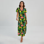 Black Tropical Pineapple Pattern Print Short Sleeve Maxi Dress