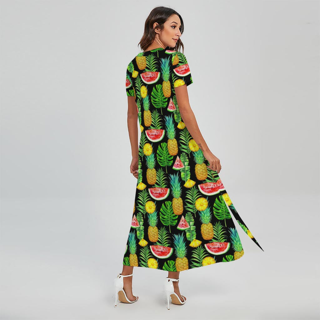 Black Tropical Pineapple Pattern Print Short Sleeve Maxi Dress