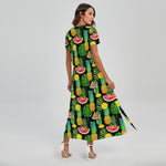 Black Tropical Pineapple Pattern Print Short Sleeve Maxi Dress