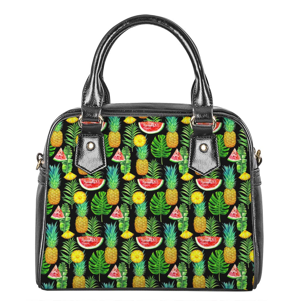 Black Tropical Pineapple Pattern Print Shoulder Handbag