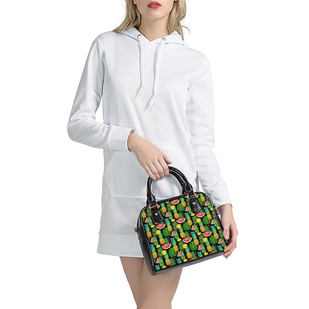 Black Tropical Pineapple Pattern Print Shoulder Handbag