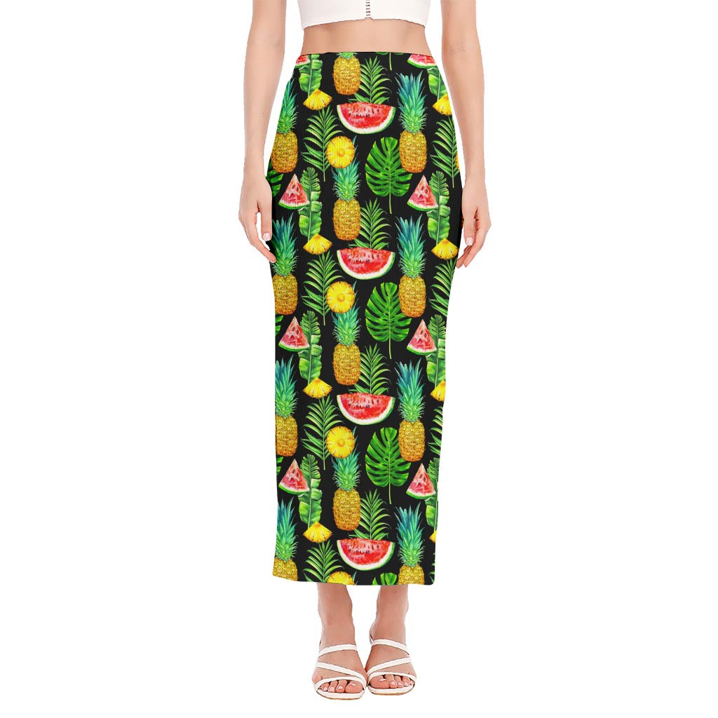 Black Tropical Pineapple Pattern Print Side Slit Maxi Skirt