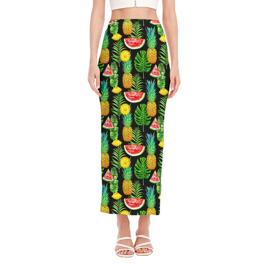 Black Tropical Pineapple Pattern Print Side Slit Maxi Skirt