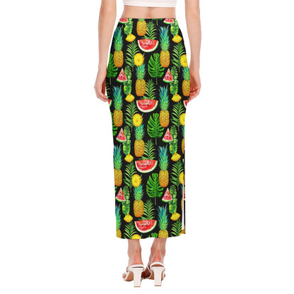 Black Tropical Pineapple Pattern Print Side Slit Maxi Skirt