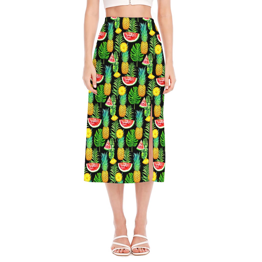Black Tropical Pineapple Pattern Print Side Slit Midi Skirt