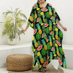 Black Tropical Pineapple Pattern Print Silk V-Neck Kaftan Dress